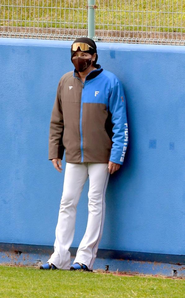 　外野フェンスをチェックする新庄監督（撮影・佐藤厚）