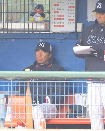 　つば九郎の人形の前で指揮を執る高津監督（撮影・吉澤敬太）