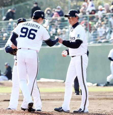 　６回、高島の交代を告げ、グータッチする岸田監督（右）