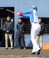 　始球式でボール球を打ちに行く新庄監督（撮影・佐藤厚）