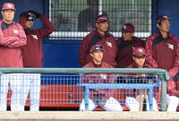 　ベンチで声を出す宗山（中央）。左から２人目は三木監督（撮影・吉澤敬太）