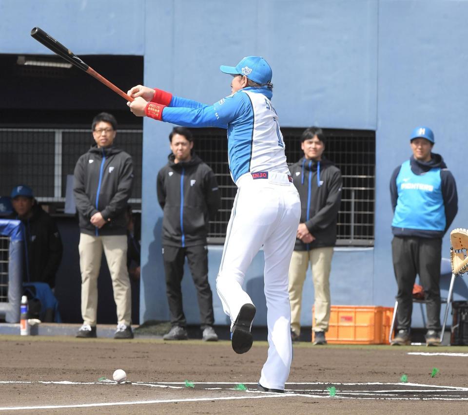 　始球式でボール球に当てに行く新庄監督（撮影・佐藤厚）