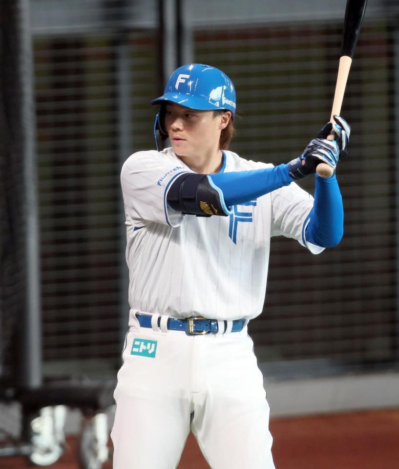 　打撃練習をする山崎（撮影・中島達哉）