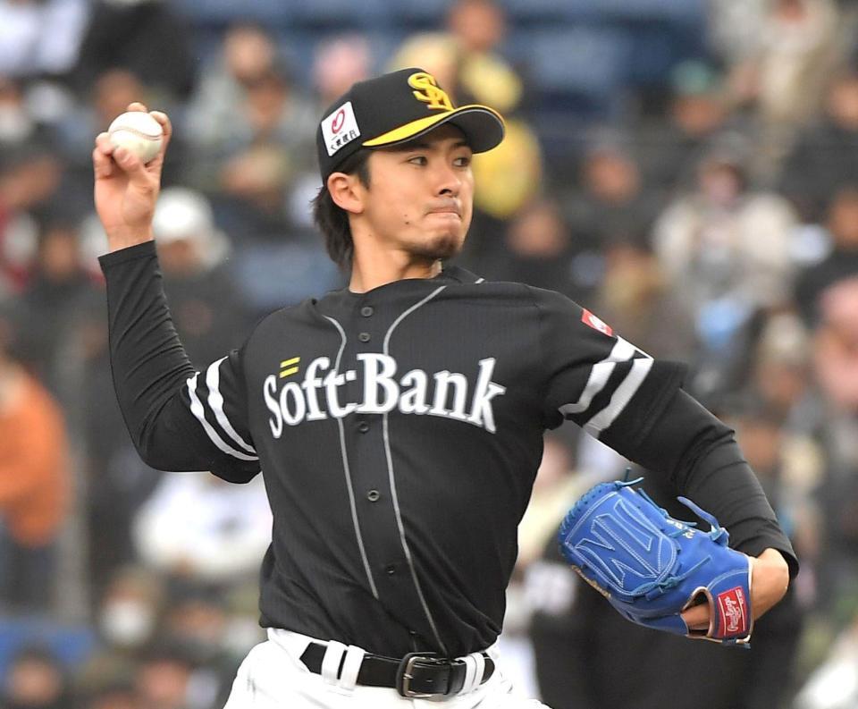 　ロッテ打線を相手に力投する上沢（撮影・佐藤厚）