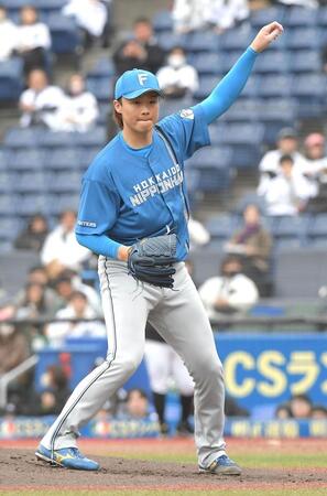 　ロッテ打線を相手に力投する山崎（撮影・佐藤厚）