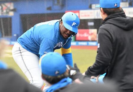 　４回、レイエスは左越え本塁打を放ち、ナインとロータッチ（撮影・佐藤厚）