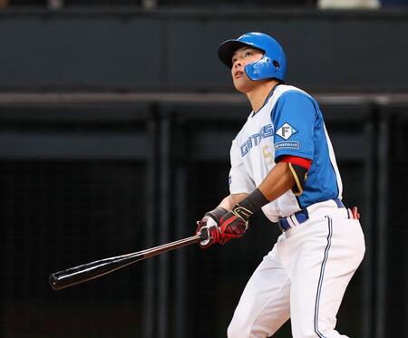 　５回、左越えにソロを放つ野村（撮影・中島達哉）