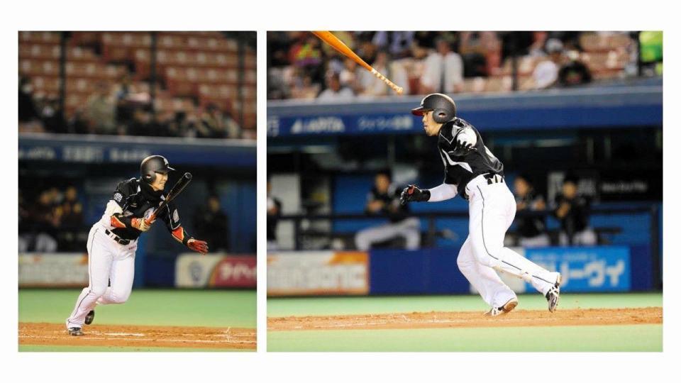 　黒のユニホームを着てプレーする西岡氏（左）と今江氏（球団提供）