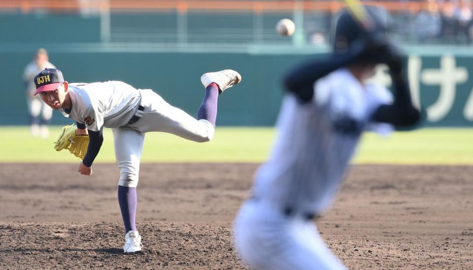 　力投する先発の浦和実・石戸颯汰（撮影・西田忠信）