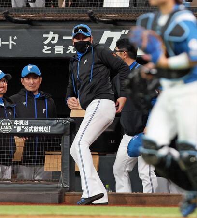 　試合終了後、ヤクルトベンチに向かって長岡の死球を謝る新庄監督（中央）＝撮影・中島達哉