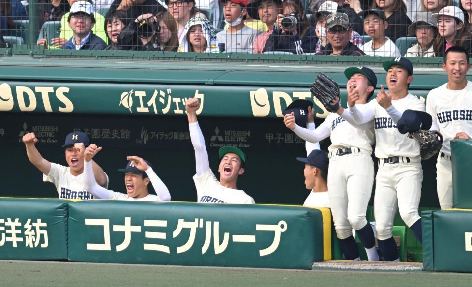 　２回、盛り上がる広島商ベンチ（撮影・飯室逸平）