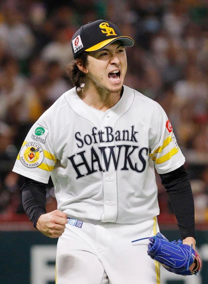 　５回、長谷川を三ゴロ併殺に仕留め、雄たけびを上げる上沢