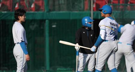 　“魚雷バット”を手にする万波。左は野村（撮影・金田祐二）