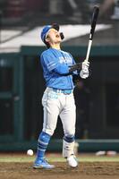 　５回、死球を受け悲鳴をあげる奈良間（撮影・金田祐二）