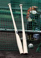 　前川が打撃練習で使用した魚雷バット（左）と従来のバット＝１０日