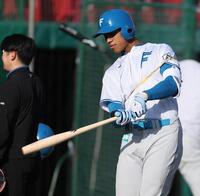 　“魚雷バット”を手にする万波＝９日