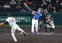 　８回、空振り三振に倒れるボスラ－（投手は石井、捕手は坂本）＝撮影・中田匡峻