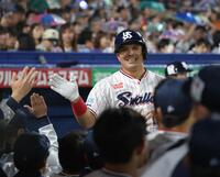 　２回、先制ソロを放ち、ナインに祝福されるオスナ（撮影・西岡正）