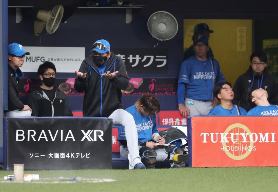 　ベンチで身振り手振りを交えて話す新庄監督（撮影・坂部計介）