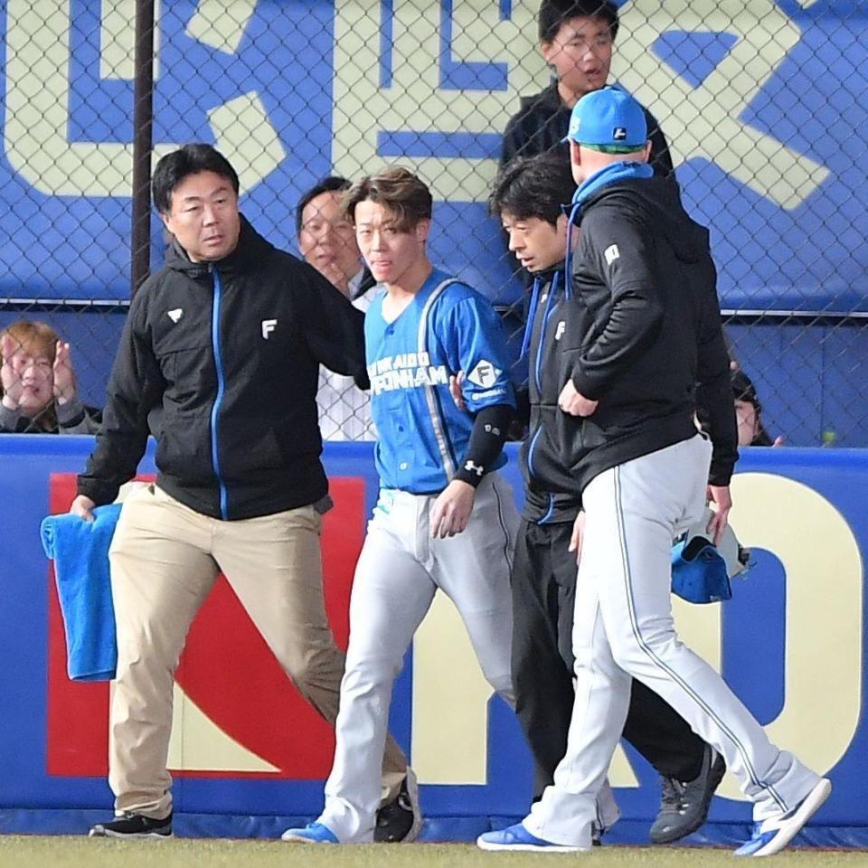 　７回、寺地の左飛を好捕するもフェンスに激突し、トレーナーらと供にベンチへ引き揚げる矢沢（中央）＝１６日
