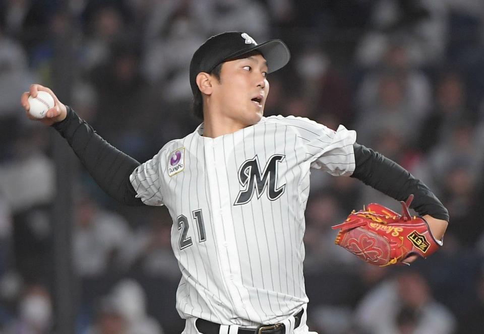 　西武打線を相手に力投する石川柊（撮影・佐藤厚）