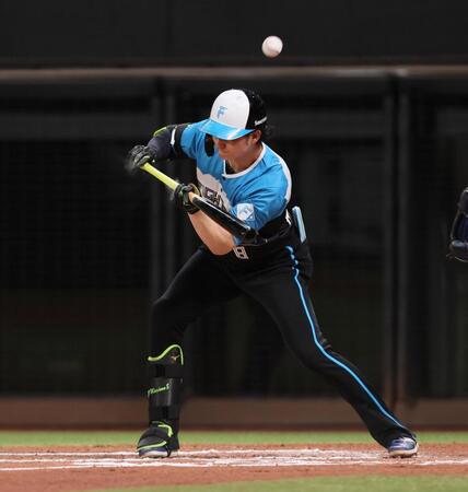 　６回、浅間が送りバントを試みるもファウルボールとなる（撮影・中島達哉）