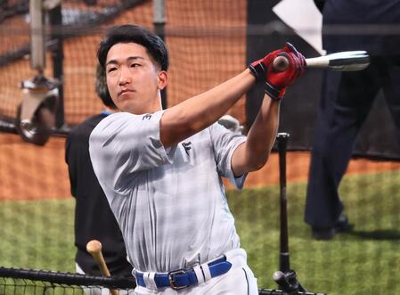 　打撃練習をする有薗（撮影・中島達哉）
