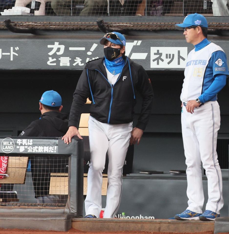 　５回、五十幡が二塁盗塁の際に負傷し、心配そうに見つめる新庄監督（中央）＝撮影・中島達哉