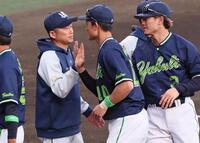 　勝利投手となりナインとタッチを交わす石川（左）＝撮影・立川洋一郎