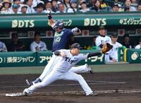 　６回、オスナは投ゴロで一塁に駆け込むもアウトになる（一塁手・大山）＝撮影・山口登