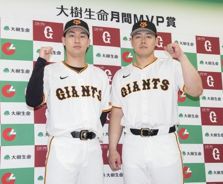　月間ＭＶＰを受賞し、ガッツポーズの巨人・山崎（左）と岡本