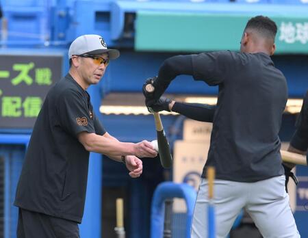 　試合前、ヘルナンデス（右）を指導する阿部監督（撮影・伊藤笙子）