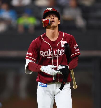 ７回、見逃し三振に倒れ、ベンチに戻る辰己（撮影・中島達哉）