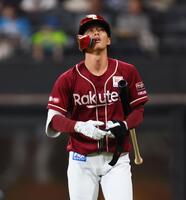 ７回、見逃し三振に倒れ、ベンチに戻る辰己（撮影・中島達哉）