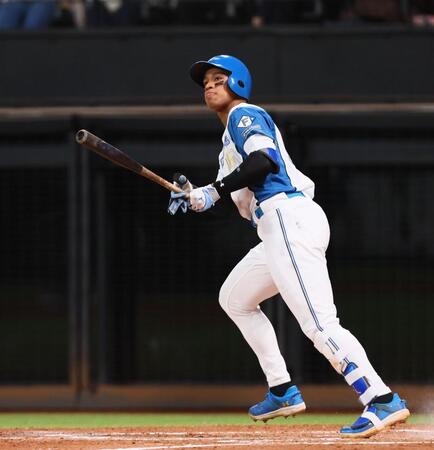 　５回、逆転満塁本塁打を放つ万波（撮影・中島達哉）