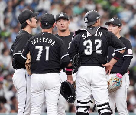 　３回、３点を奪われた先発の石川柊（左端）を囲むロッテナイン