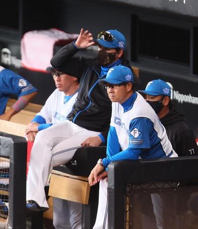 　５回、戦況を見つめる新庄監督（中央）＝撮影・中島達哉