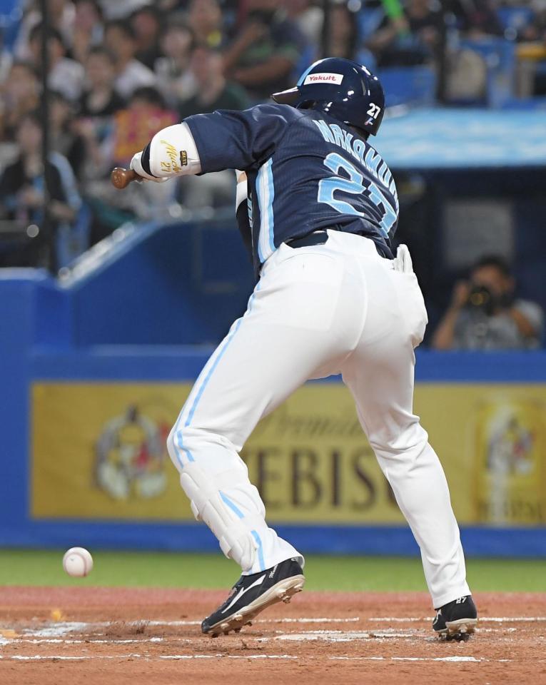 　２回、中村悠は投前スクイズを決める（撮影・佐藤厚）