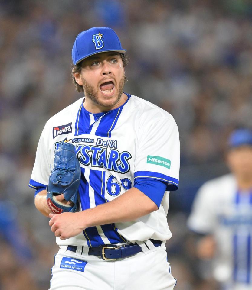 　７回、カリステを三ゴロに打ち取り、声を上げるケイ（撮影・伊藤笙子）