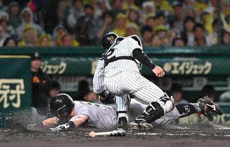 　４回、井上の打球で生還する浅野（下）＝撮影・西田忠信