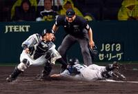 　４回、浅野は井上の遊ゴロで本塁を狙うもアウトの判定も、リプレー検証で判定が覆り生還が認められる（捕手・梅野）＝撮影・山口登