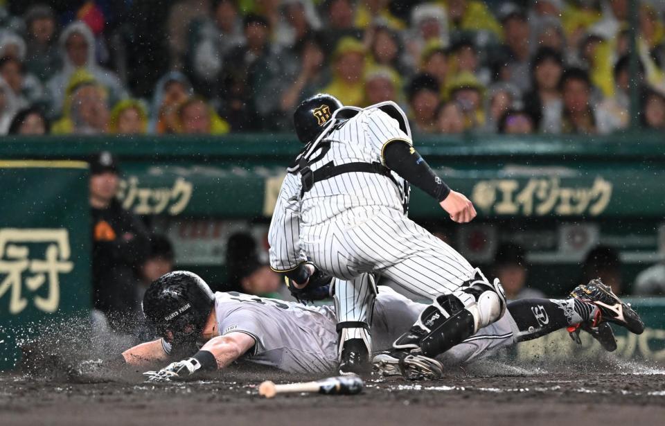 　４回、井上の打球で生還する浅野（下）＝撮影・西田忠信