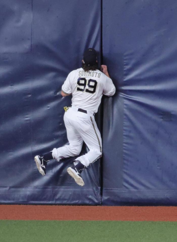 　１回、岡の打球を好捕し、フェンスに激突する杉本（撮影・坂部計介）