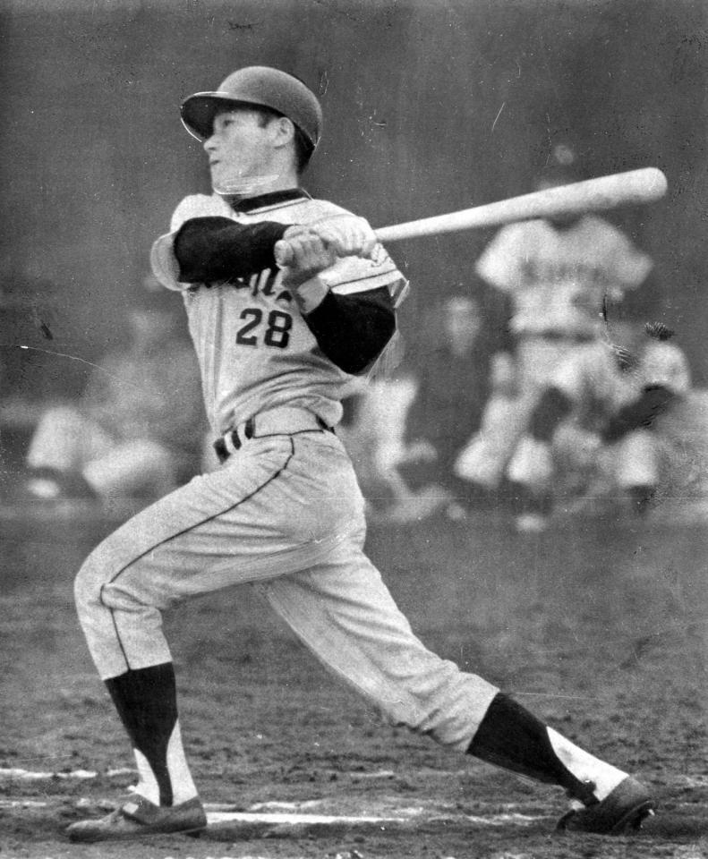 　中越えに先制の３ランホームランを放つ宮寺氏＝１９６７年３月４日