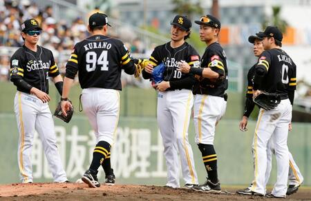 　３回、ピンチを招いた上沢（中央）のもとに集まるソフトバンクナイン