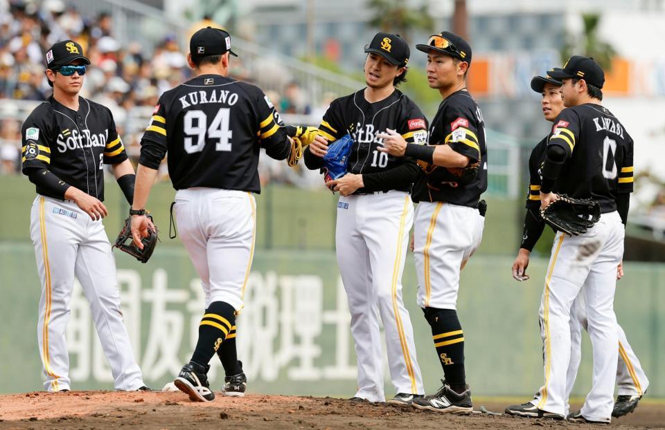 　３回、ピンチを招いた上沢（中央）のもとに集まるソフトバンクナイン