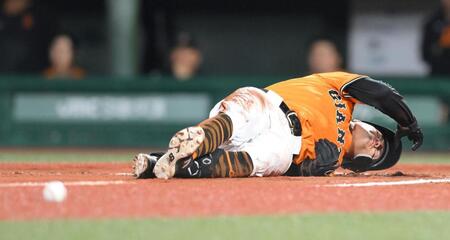 　８回、左腰付近に死球を受け、倒れ込む若林（撮影・伊藤笙子）