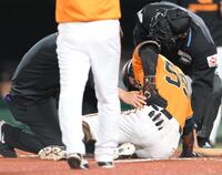 　８回、左腰付近に死球を受け、痛がる若林（撮影・伊藤笙子）