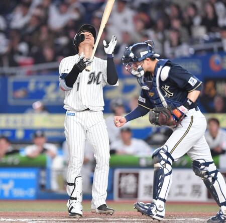 　９回、空振り三振に倒れ天を仰ぐ藤原。捕手・若月（撮影・開出牧）