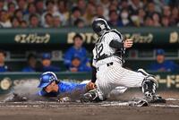 　７回、石上の２点打で生還する度会（左）＝撮影・西田忠信